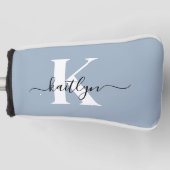 Elegante Stofblauwe Script Monogram Golfheadcover (Voorkant)