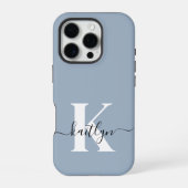 Elegante Stofblauwe Script Monogram iPhone Hoesje (Achterkant)