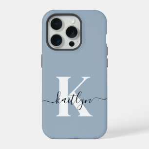 Elegante Stofblauwe Script Monogram iPhone 15 Pro Case