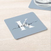 Elegante Stofblauwe Script Monogram Kartonnen Onderzetters (Schuin)