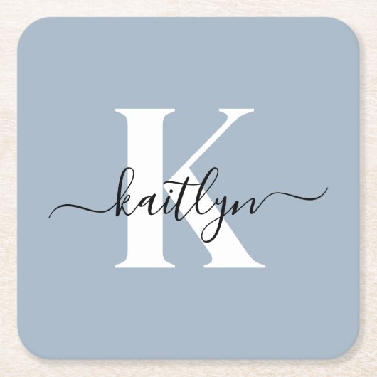 Elegante Stofblauwe Script Monogram Kartonnen Onderzetters (Voorkant)