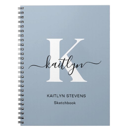 Elegante Stofblauwe Script Monogram Notitieboek (Voorkant)