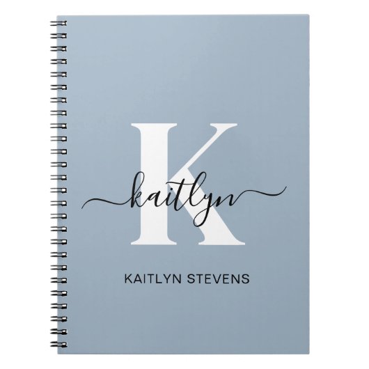 Elegante Stofblauwe Script Monogram Notitieboek (Voorkant)