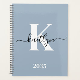 Elegante Stofblauwe Script Monogram Planner