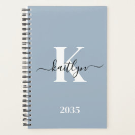 Elegante Stofblauwe Script Monogram Planner