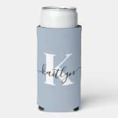 Elegante Stofblauwe Script Monogram Seltzer Blikjeskoeler (Seltzer Voorkant)