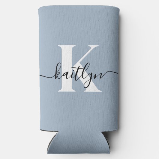 Elegante Stofblauwe Script Monogram Seltzer Blikjeskoeler (Achterkant)