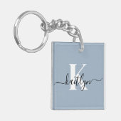 Elegante Stofblauwe Script Monogram Sleutelhanger (Voorkant Links)
