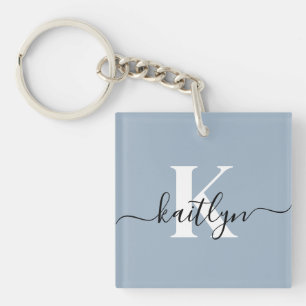 Elegante Stofblauwe Script Monogram Sleutelhanger
