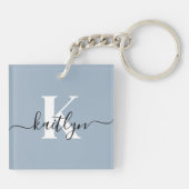 Elegante Stofblauwe Script Monogram Sleutelhanger (Achterkant)