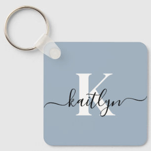 Elegante Stofblauwe Script Monogram Sleutelhanger