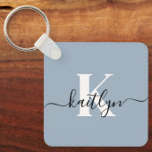 Elegante Stofblauwe Script Monogram Sleutelhanger (Voorkant)