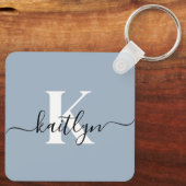 Elegante Stofblauwe Script Monogram Sleutelhanger (Achterkant)