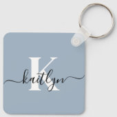 Elegante Stofblauwe Script Monogram Sleutelhanger (Achterkant)