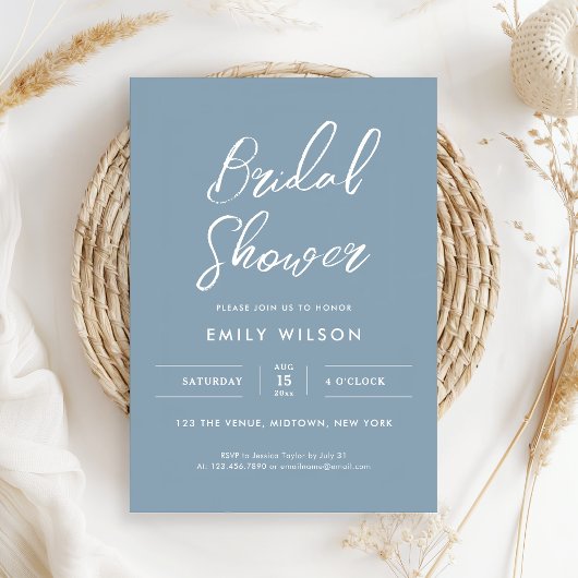 Elegante Stofblauwe Script Typografie Bruidsuitnod Kaart