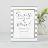 Elegante Stofblauwe Streep Script Bruiloft Kaart (Staand voorkant)
