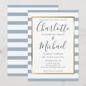 Elegante Stofblauwe Streep Script Bruiloft Kaart (Voorkant / Achterkant)