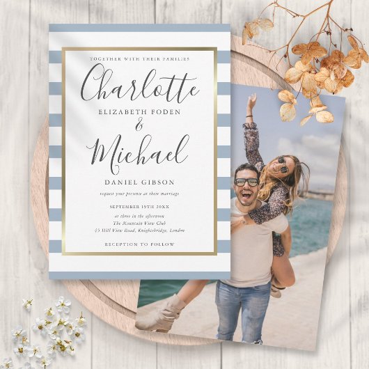 Elegante Stofblauwe Streep Script Foto Bruiloft Kaart