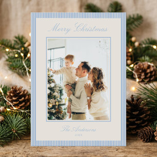 Elegante Stofblauwe Strepen Kerst Foto Feestdagenkaart