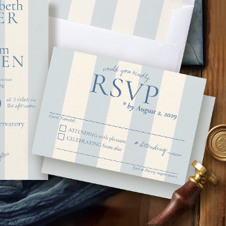 Elegante Stofblauwe Strepen Oud Geld Chic Bruiloft RSVP Kaartje