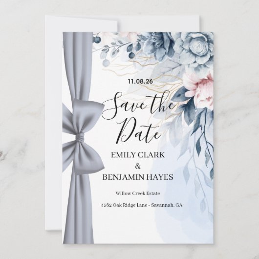 Elegante Stofblauwe Strik Bruiloft Save The Date (Voorkant)
