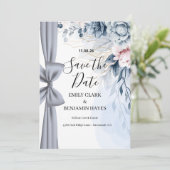Elegante Stofblauwe Strik Bruiloft Save The Date (Staand voorkant)