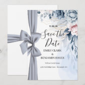 Elegante Stofblauwe Strik Bruiloft Save The Date (Voorkant / Achterkant)