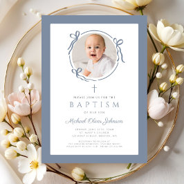 Elegante Stofblauwe Strik Foto Doop Kaart