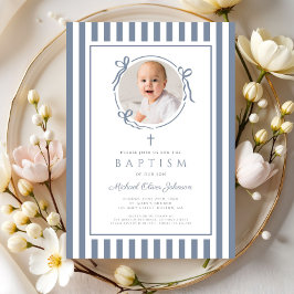 Elegante Stofblauwe Strik Foto Jongen Doop Kaart