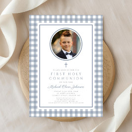 Elegante Stofblauwe Strik Foto Jongen Eerste Commu Kaart