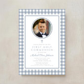 Elegante Stofblauwe Strik Foto Jongen Eerste Commu Kaart
