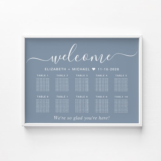 Elegante Stofblauwe Tafel Bruiloft Zitplaats Chart Poster