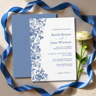 Elegante Stofblauwe Toile Bloemige Bruiloft Kaart