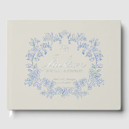 Elegante Stofblauwe Toile Bloemrijke Victoriaanse  Gastenboek