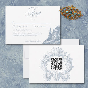Elegante Stofblauwe Toile Franse Landhuis Bruiloft RSVP Kaartje