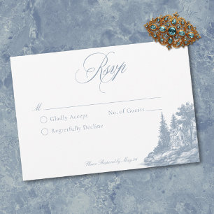 Elegante Stofblauwe Toile Franse Landhuis Bruiloft RSVP Kaartje