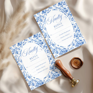 Elegante Stofblauwe Toile Rozen Trouw RSVP Set Kaartje