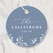 Elegante Stofblauwe Trouw Klassieke Rond Bedankjes Labels (Voorkant)