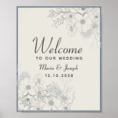 Elegante Stofblauwe Trouw Welkom Poster (Voorkant)