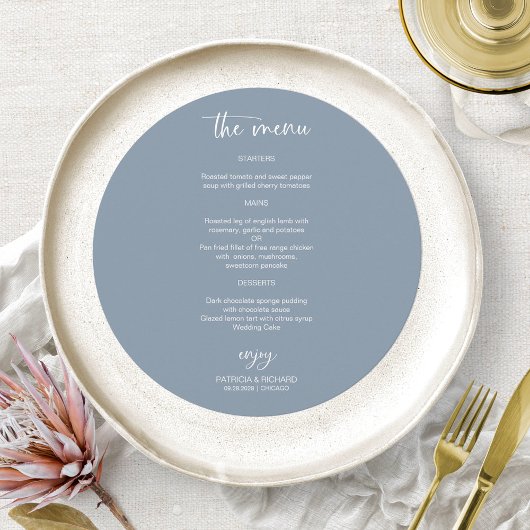 Elegante Stofblauwe Trouwcirkel Menu Kaarten