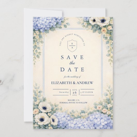 Elegante Stofblauwe Tuinbruiloft Save The Date (Voorkant)
