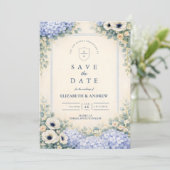 Elegante Stofblauwe Tuinbruiloft Save The Date (Staand voorkant)