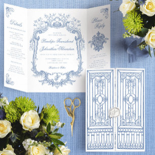 Elegante Stofblauwe Vintage Gate Bruiloft Drieluik Uitnodiging
