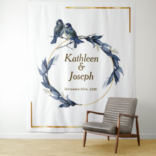 Elegante Stofblauwe Vogels Witte Trouw Achtergrond Wandkleed