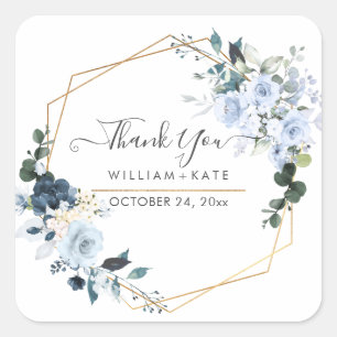 Elegante Stofblauwe Waterverf Bloemen Bedankt Vierkante Sticker