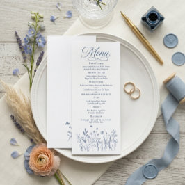 Elegante Stofblauwe Wilde Bloem Bruiloftsmenu Kaar Menu