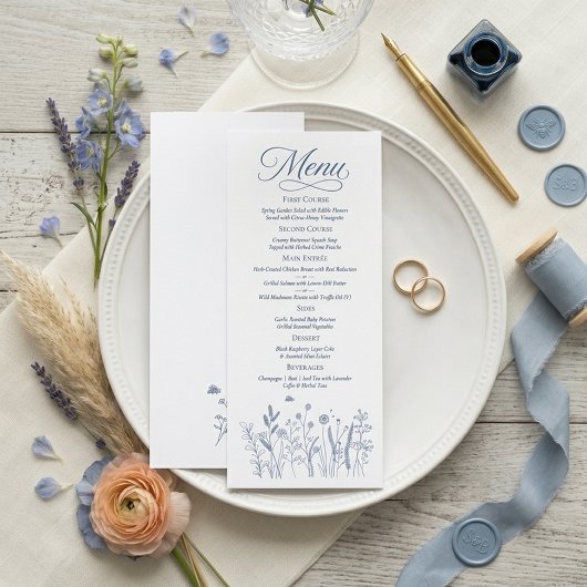 Elegante Stofblauwe Wilde Bloem Bruiloftsmenu Kaar Menu