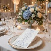 Elegante Stofblauwe Wilde Bloem Bruiloftsmenu Kaar Menu