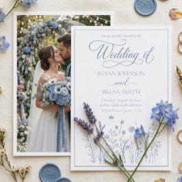 Elegante Stofblauwe Wilde Bloem Foto Bruiloft Kaart