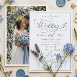 Elegante Stofblauwe Wilde Bloem Foto Bruiloft Kaart